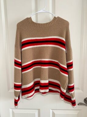 Cozy Striped Crewneck Sweater - Tan with Red & Black Stripes